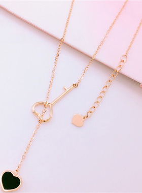 俄罗斯黑色爱心钥匙项链镀玫瑰金锁骨链女简约饰品礼物