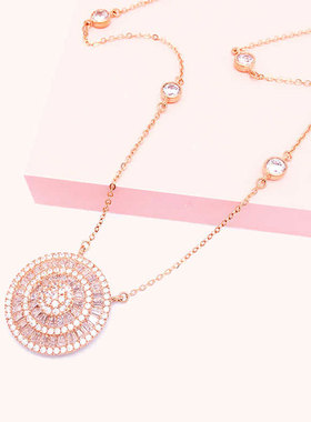 俄罗斯585紫金洋气锆石精美圆形套链镀14K玫瑰金时尚百搭饰品女款