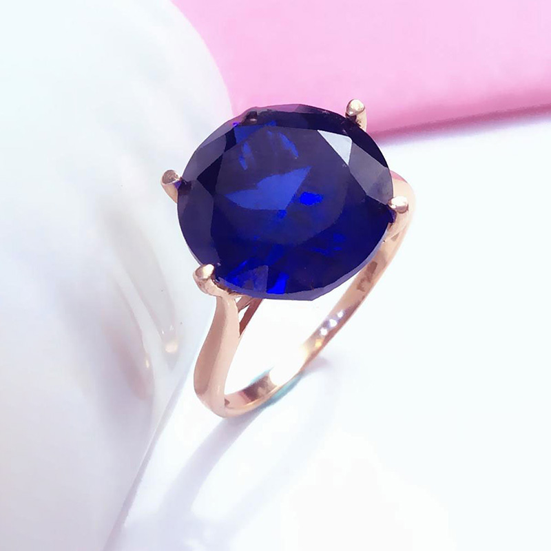 俄罗斯585紫金镶嵌圆形蓝石戒指气质彩金玫瑰金开口指环个性ins风