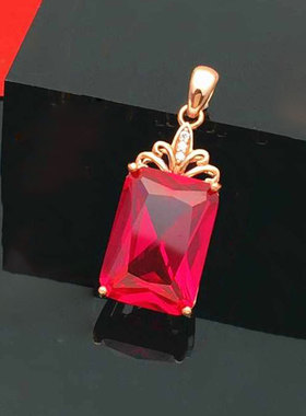 俄罗斯585紫金镀14K玫瑰金项链欧美豪华经典镶嵌红宝石方型吊坠女