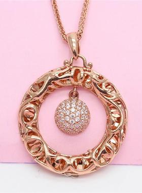 俄罗斯585紫金大气镂空平安扣镶嵌吊坠镀14K玫瑰金时尚百搭项链女