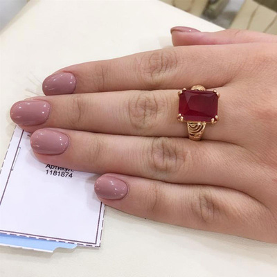 俄罗斯585紫金镀18K玫瑰金女镶嵌方形开口可调节戒指时尚豪华饰品