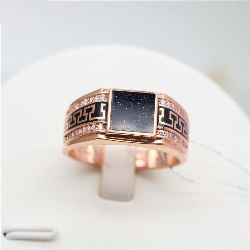 俄罗斯585紫金镶嵌黑石方形戒指镀14K玫瑰金轻奢小众时尚女款礼物