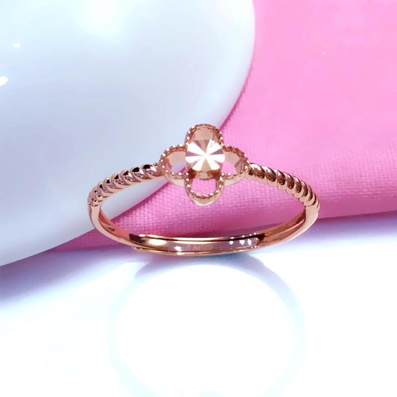 俄罗斯585紫金镀18K彩金时尚简约精致女镂空四叶草戒指开口可调节