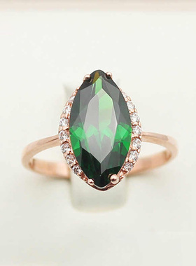 俄罗斯585紫金镶钻绿宝石橄榄形戒指镀14k玫瑰金潮流时尚彩金奢华