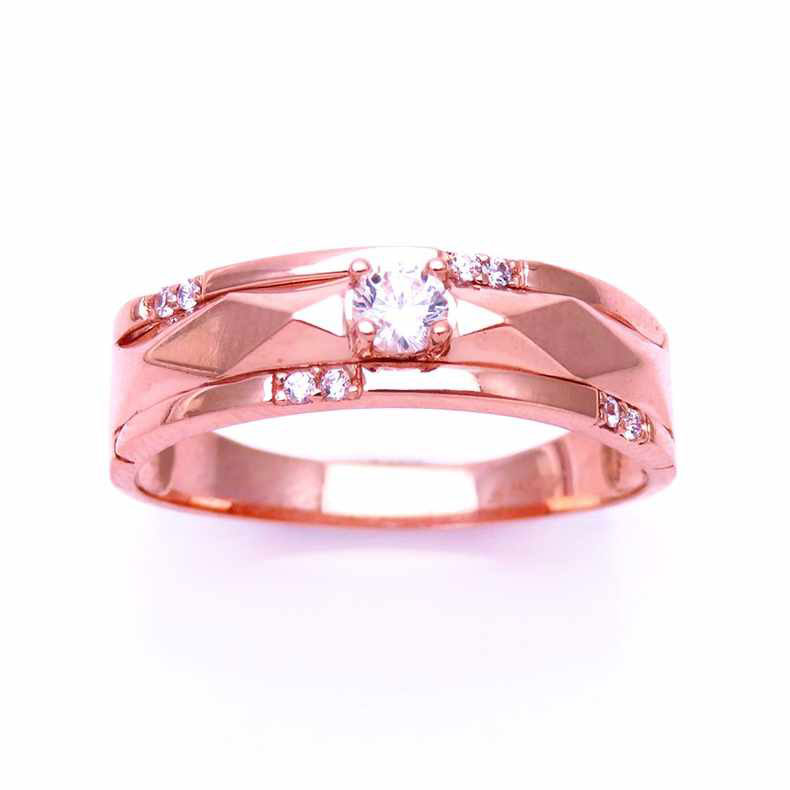 俄罗斯585紫金镀14K玫瑰金奢华女精美潮流镶嵌白钻开口可调节戒指