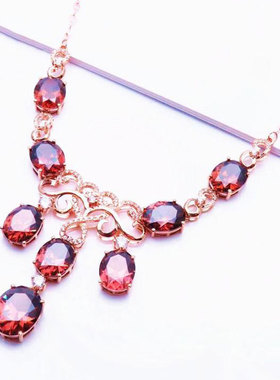 俄罗斯585紫金锁骨链镀14K玫瑰金时尚豪华烟色流苏椭圆项链女礼物