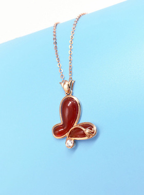 俄罗斯585紫金镶嵌红色蝴蝶吊坠女镀14K玫瑰金简约百搭锁骨链礼物