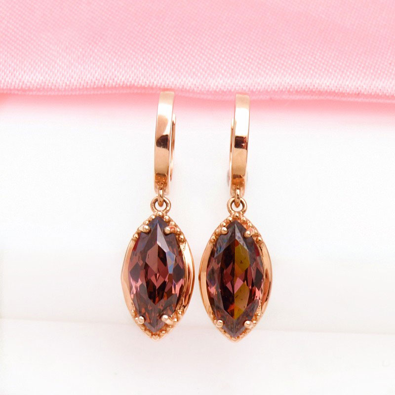 俄罗斯585紫金耳饰镀14K玫瑰金时尚菱形耳环烟色宝石精致经典礼物