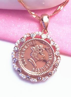 俄罗斯585紫金镶嵌锆石洋气欧美女王牌吊坠镀14k玫瑰金项链女礼物