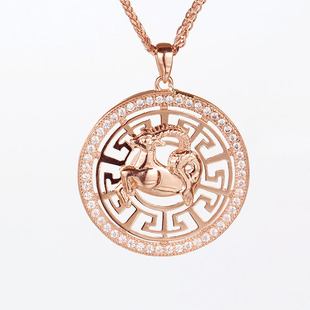 俄罗斯585紫金圆牌摩羯座女镀14K玫瑰金经典时尚设计个性项链简约