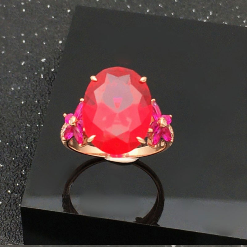 俄罗斯585紫金手饰镀14K玫瑰金时尚豪华红宝石戒指气质精致个性女