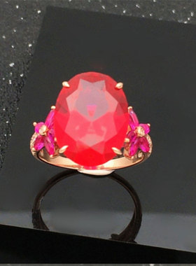 俄罗斯手饰镀玫瑰金时尚豪华红宝石戒指气质精致个性女