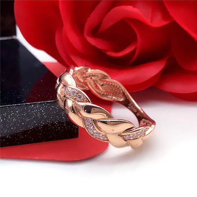 俄罗斯585紫金镀14K玫瑰金镶嵌锆石叶子编织女开口可调节戒指饰品