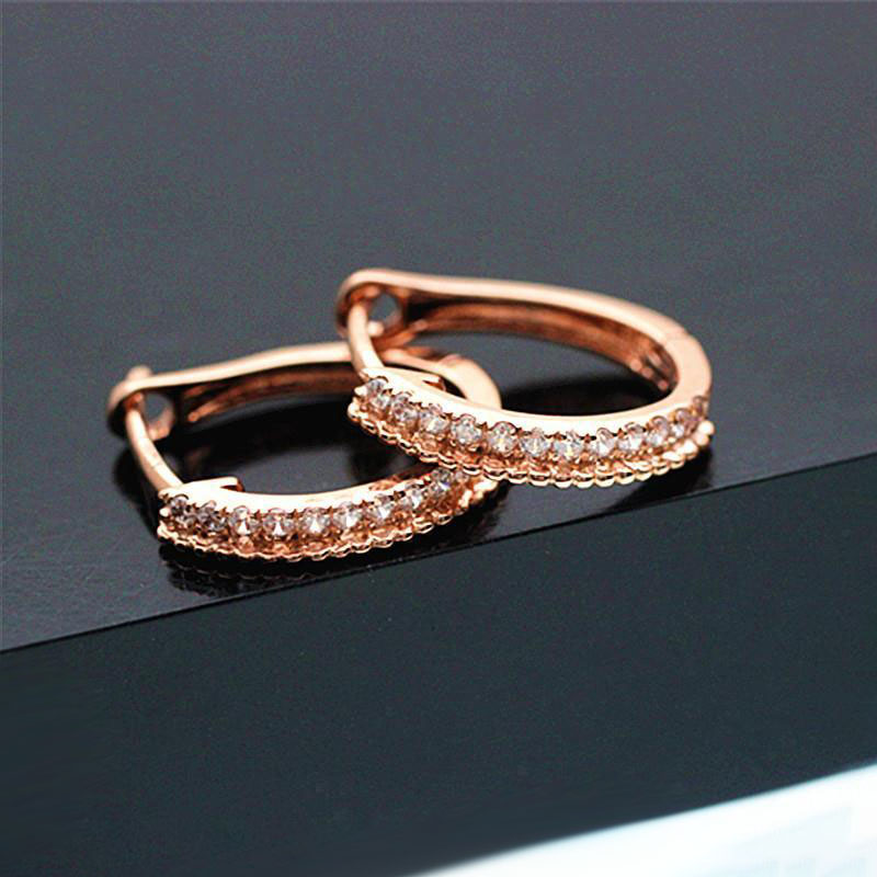 俄罗斯585紫金镀18K彩金锆石几何耳环时尚简约气质玫瑰金女款耳饰