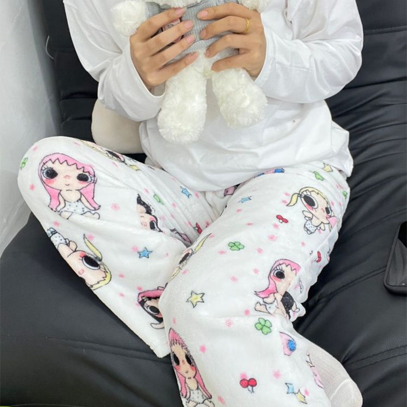 卡通小玉法兰绒保暖睡裤秋冬季可外穿加绒加厚舒适居家遛弯长裤女