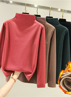 秋冬双面德绒半高领上衣女加绒加厚打底衫保暖内搭大码长袖T恤