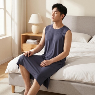 夏男士莫代尔睡衣宽松背心裙晨袍浴袍大码中长款无袖睡袍薄款睡裙