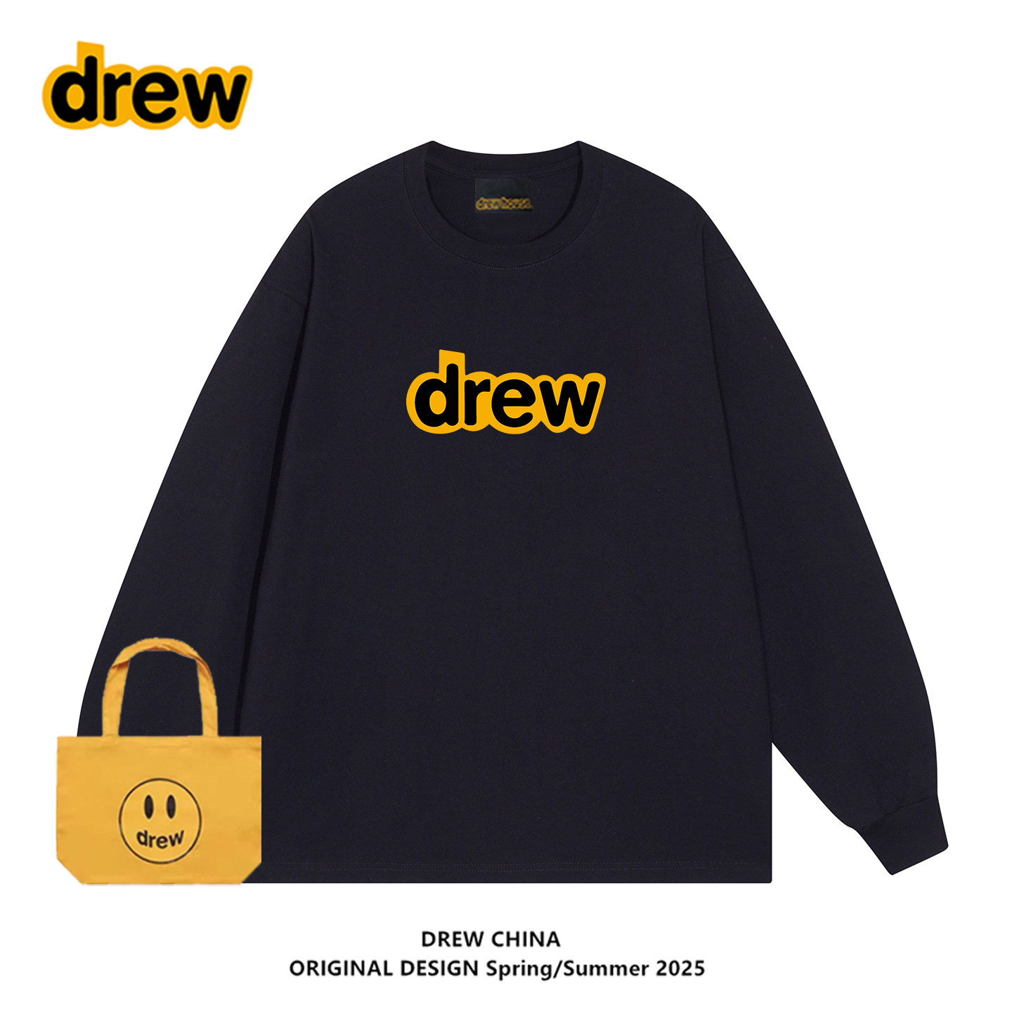 drew潮牌笑脸字母印花长袖T恤