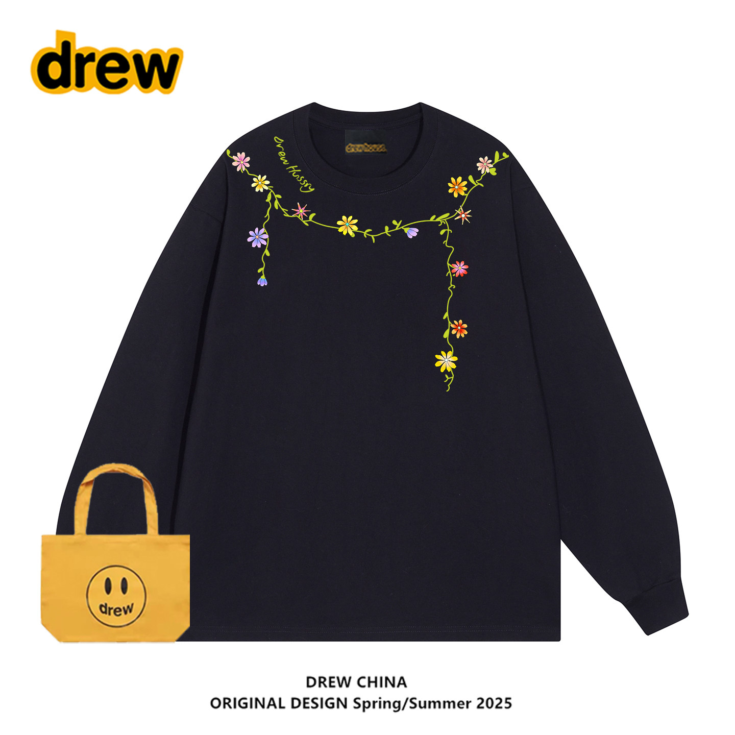drew潮牌花朵项链印花长袖T恤