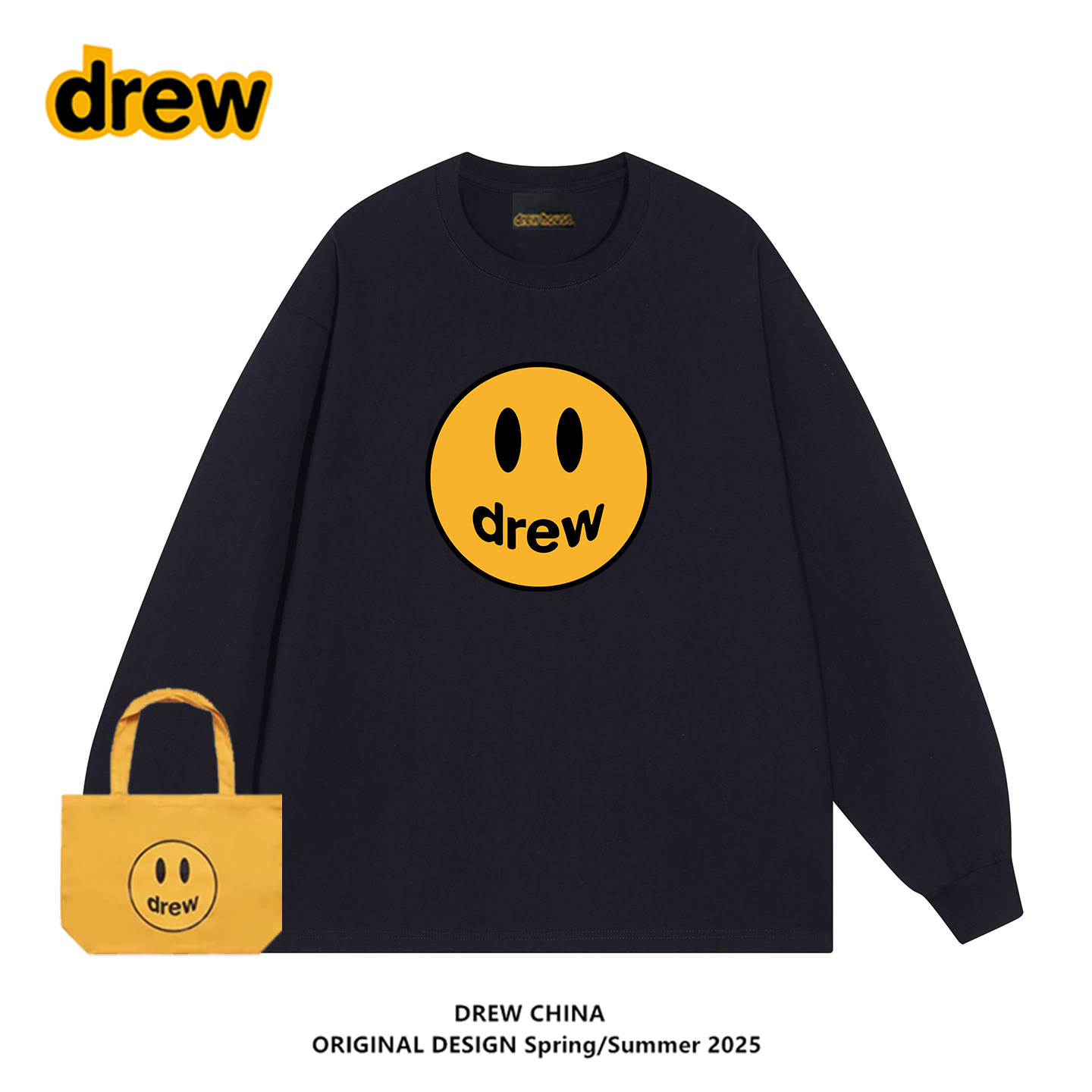 drew笑脸印花长袖T恤男女情侣款