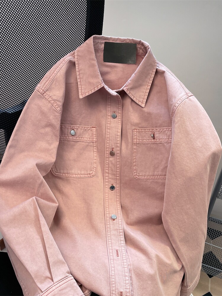 남성과 여성을 위한 한국 틈새 핑크 데님 셔츠 재킷 봄 가을 빈티지 복고풍 작업복 캐주얼 긴팔 탑