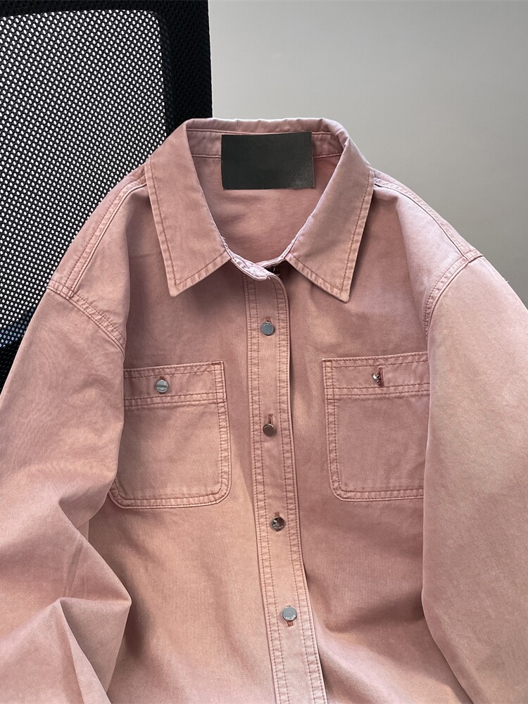 남성과 여성을 위한 한국 틈새 핑크 데님 셔츠 재킷 봄 가을 빈티지 복고풍 작업복 캐주얼 긴팔 탑