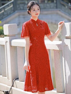 蕾丝旗袍敬酒礼服 秀丽华服6806短袖 年轻妈妈装 红色礼服