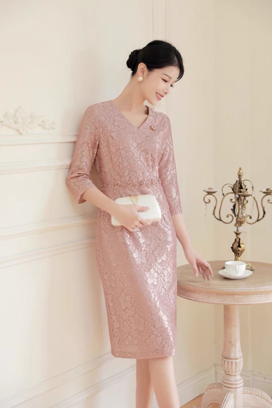 喜婆婆旗袍 轻奢香槟色礼服 蕾旗袍