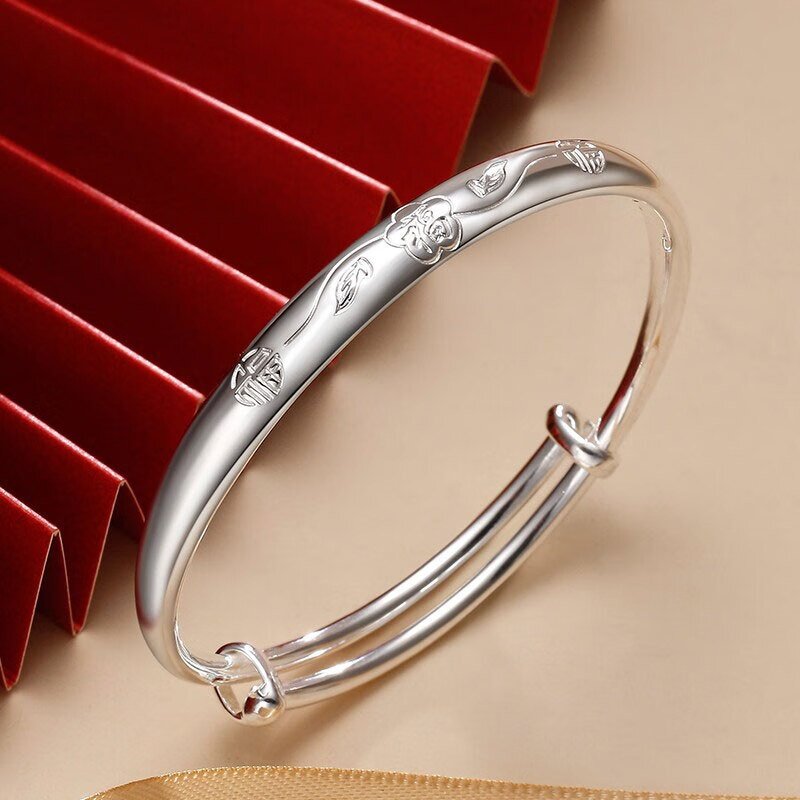 黄金彩虹足银福字手镯银饰实心手镯女推拉式精致花纹雕刻高级送礼