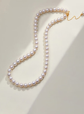 淡水akoya有核珍珠项链18K金极光镜面正圆锁骨链生日礼物送女友