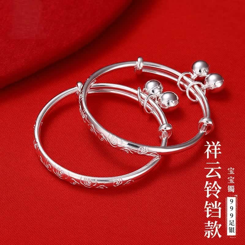 s999足银手镯婴儿童银手镯一对小孩满月周岁祥云宝宝银镯子带铃铛