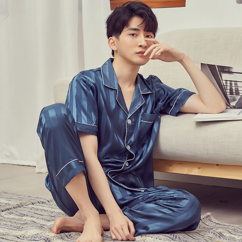睡衣男春秋夏季冰丝短袖长裤休闲仿真丝绸可外穿家居服套装两件套