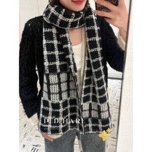 明星同款26新款定制面料黑白格子撞色字母刺绣山羊绒双面围巾披肩