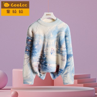 雪景圣诞男童女童水貂绒毛衣秋冬款中大童加绒加厚圆领针织打底衫