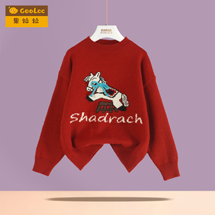 女童红色打底毛衣2026秋冬季新款卡通马图案长袖加绒加厚针织衫