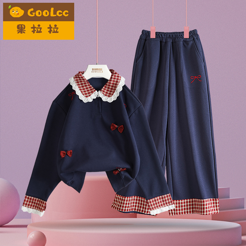 女童秋装套装运动服儿童拼接红色格子卫衣中大童阔腿裤长裤两件套