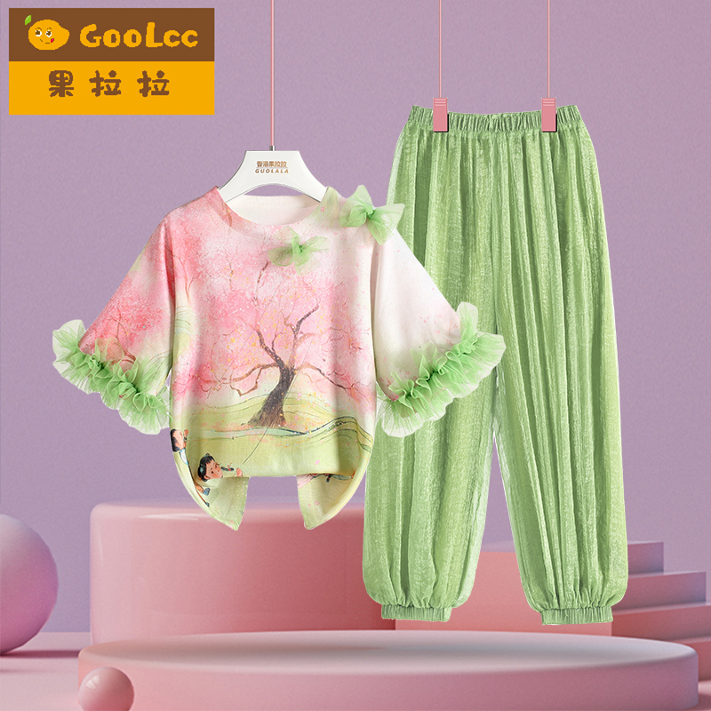 果拉拉女童夏季新款拼接网纱短袖灯笼裤小女孩时尚清新可爱两件套