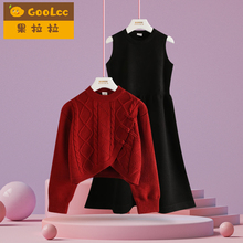 新中式女童套装裙子春秋冬2025女大童拜年服红色毛衣连衣裙两件套