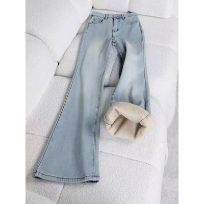 浅蓝色加绒加厚微喇叭牛仔裤女秋冬季2025新款高腰显瘦弹力喇叭裤
