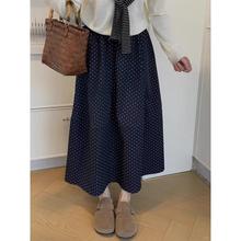 深蓝色波点半身裙女2025夏季新款大码微胖妹妹宽松遮胯显瘦A字裙
