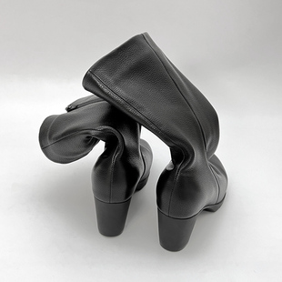 柜雅氏中筒靴女高跟加绒宽楦牛皮柔软舒适宽口粗跟时装靴保暖靴子