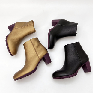 柔软舒适柜雅氏女靴真皮粗跟靴子优雅加绒牛皮软面软底高跟短靴冬