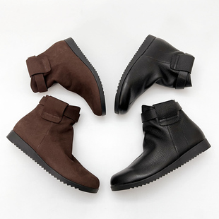 柔软舒适柜雅氏女靴头层牛皮加绒妈妈靴平底宽楦新款软皮软底短靴