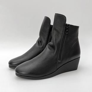 柜雅氏短靴女坡跟柔软舒适宽楦头层牛皮靴加绒棉鞋软皮软底妈妈靴