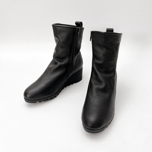 柜雅氏女靴真皮柔软舒适短靴坡跟加绒软皮软底棉鞋宽楦中跟妈妈靴