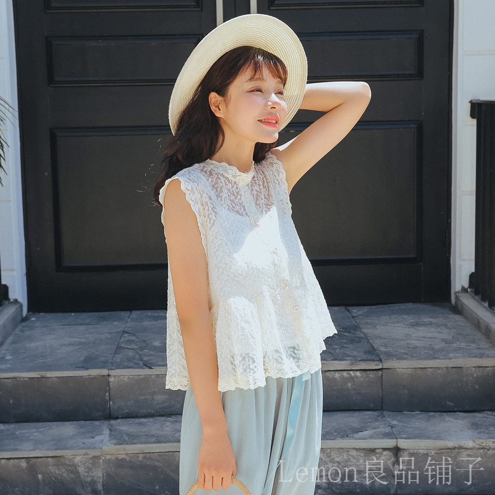 夏季韓版甜美小清新小圓領無袖蕾絲衫鉤花鏤空荷葉邊下擺蕾絲上衣