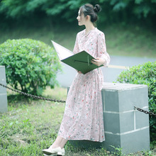 秋 文艺复古宽松显瘦仙女长裙长袖 小碎花温柔系带雪纺连衣裙中长款