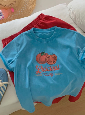 美式复古水洗做旧小番茄印花T恤女26春夏炒洗工艺圆领正肩短袖