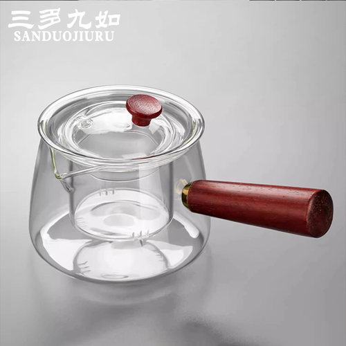 耐热玻璃手作侧把分茶器茶具组 附茶水分离壶与茶杯组合